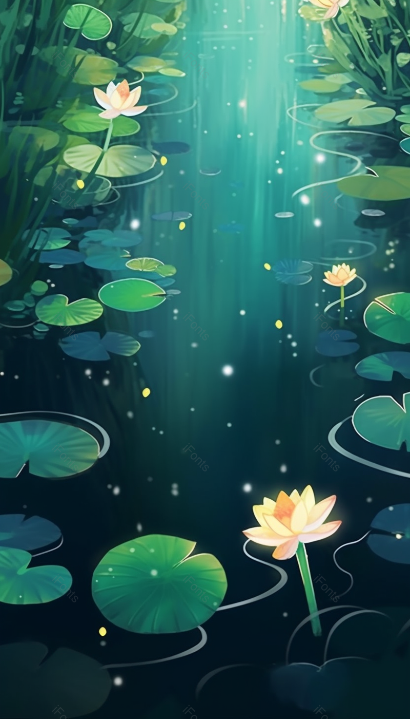 绿色唯美渐变夜晚荷叶池塘,插画/手绘图,插画/手绘图库,插画/手绘图下载,插画/手绘